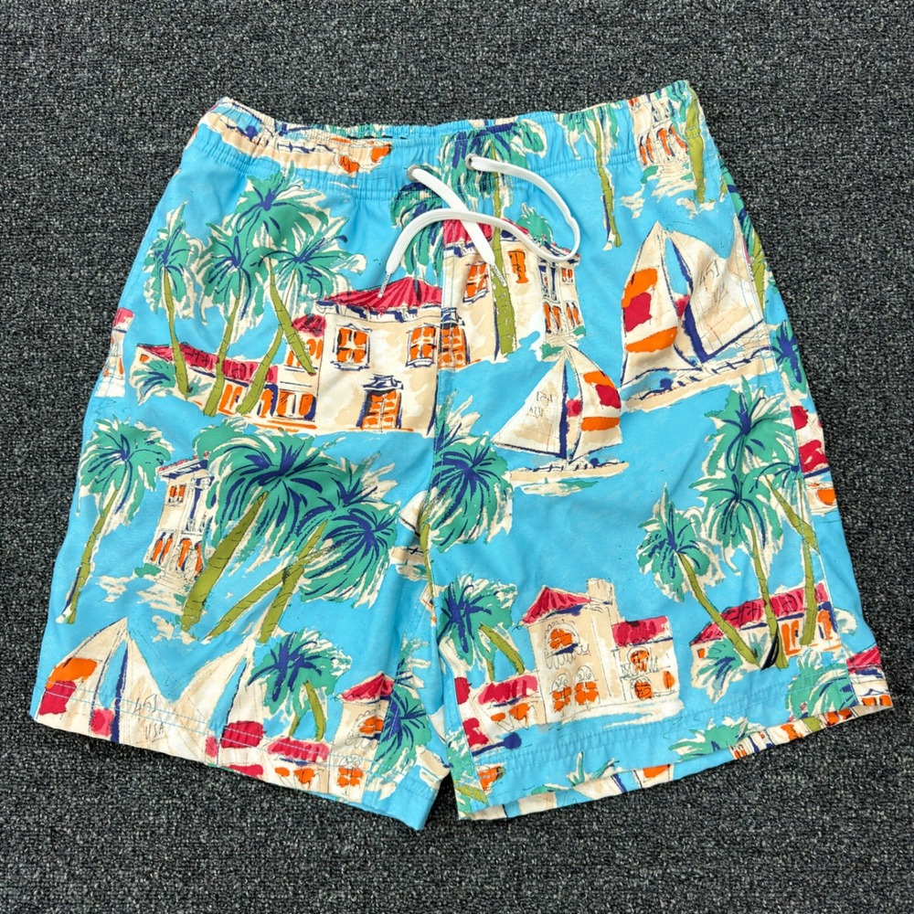 Nautica Mens Small Blue Tropical Sailboat Palm Tree Print Swim Trunks Shorts